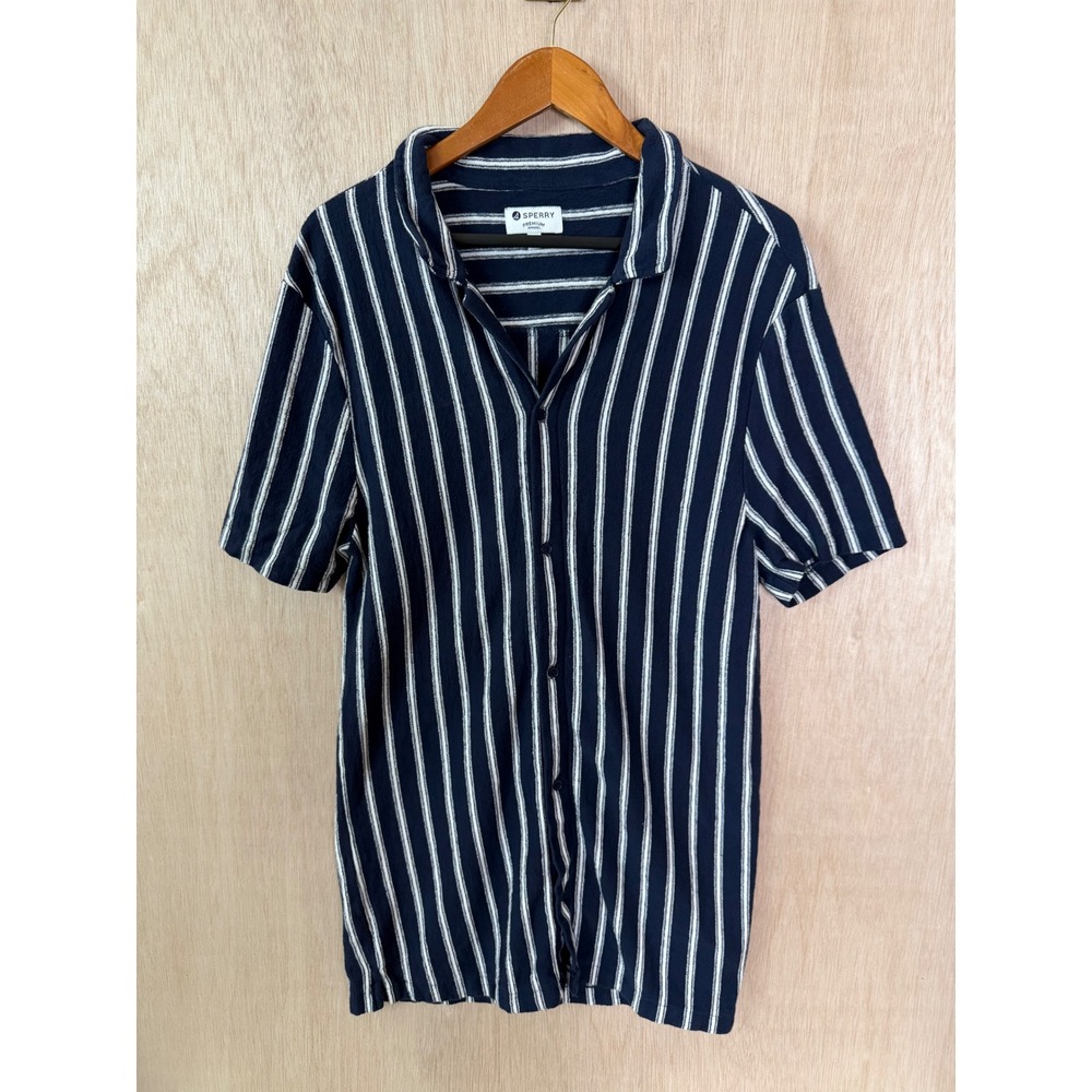 Sperry Mens Navy White Striped Short Sleeve Button Down Shirt Medium